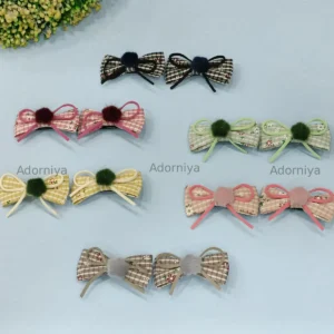 Checkered Bow Hair Pins with Furry Center All