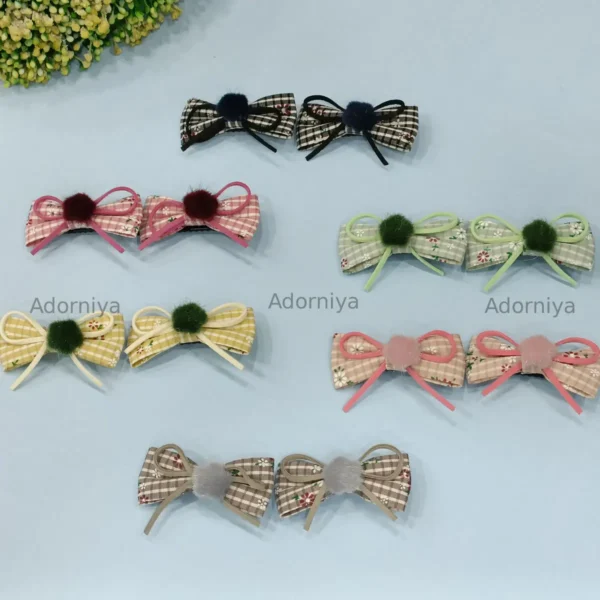 Checkered Bow Hair Pins with Furry Center