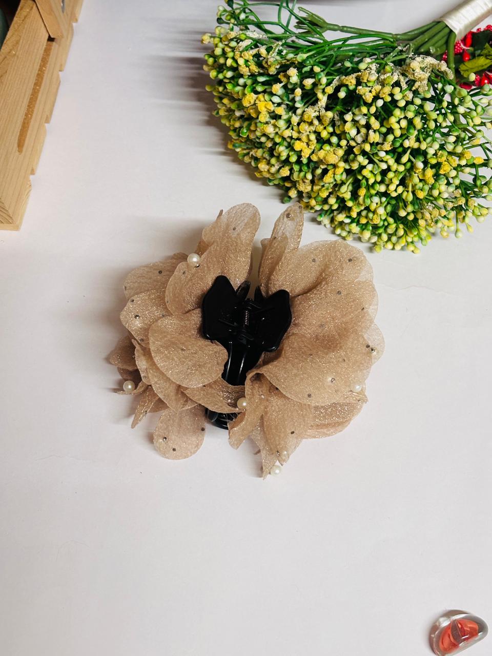 pearl flower hair clip for women beige organza floral hair accessory