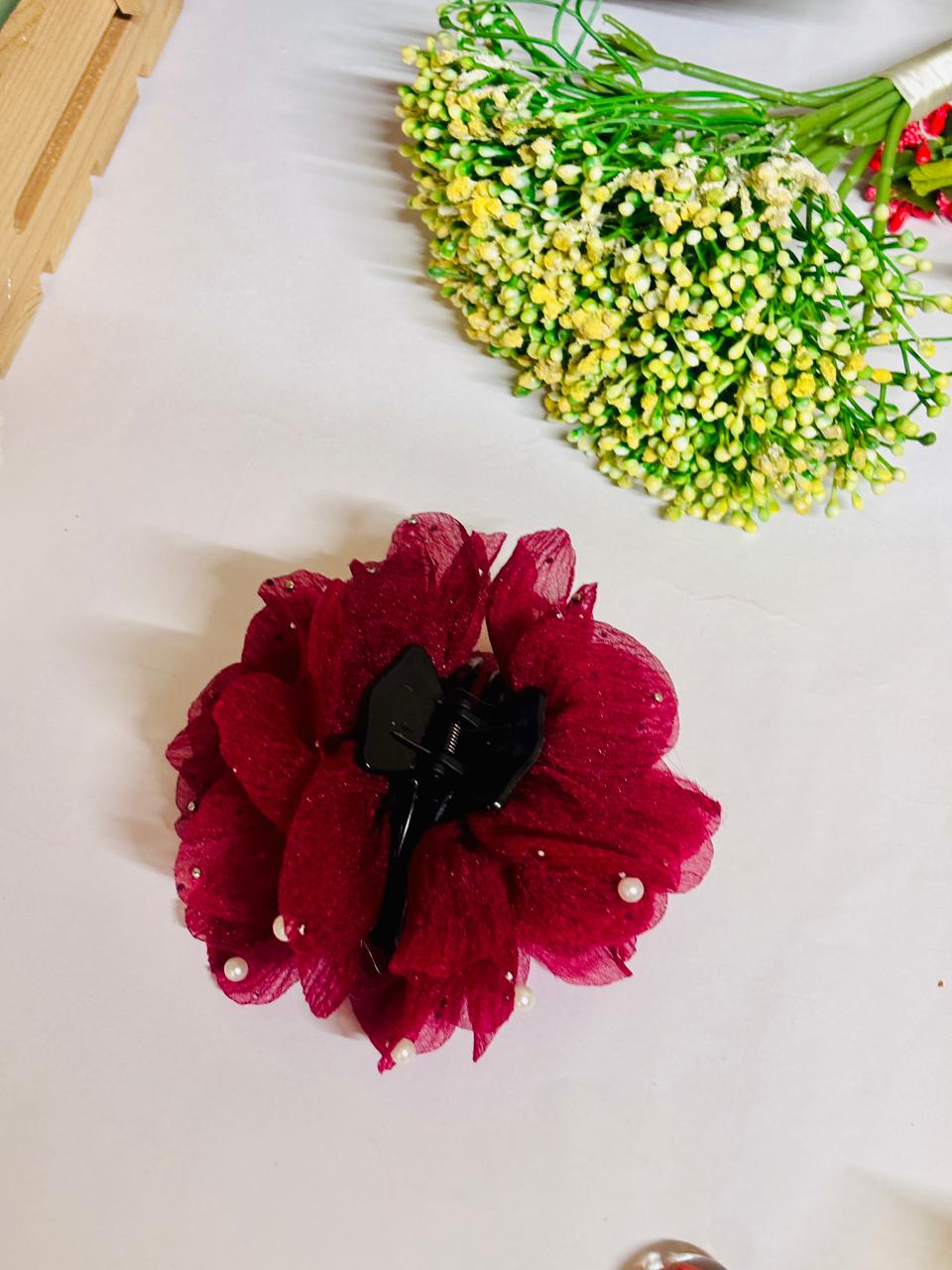 pearl flower hair clip for women Burgundy organza floral hair accessory