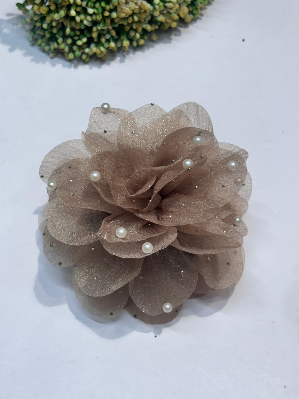 pearl flower hair clip for women beige organza floral hair claw