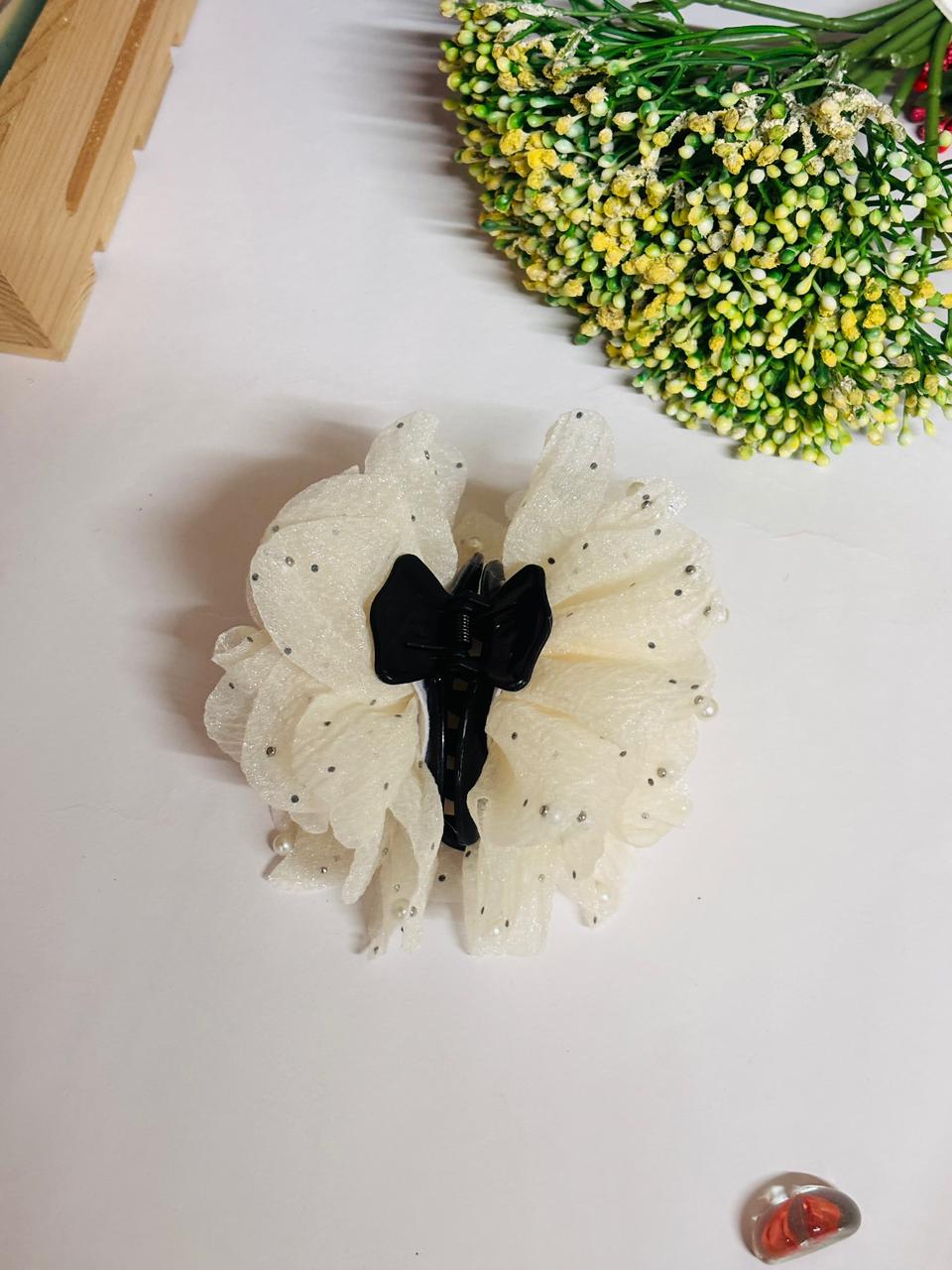 pearl flower hair clip for women creame organza floral hair accessory