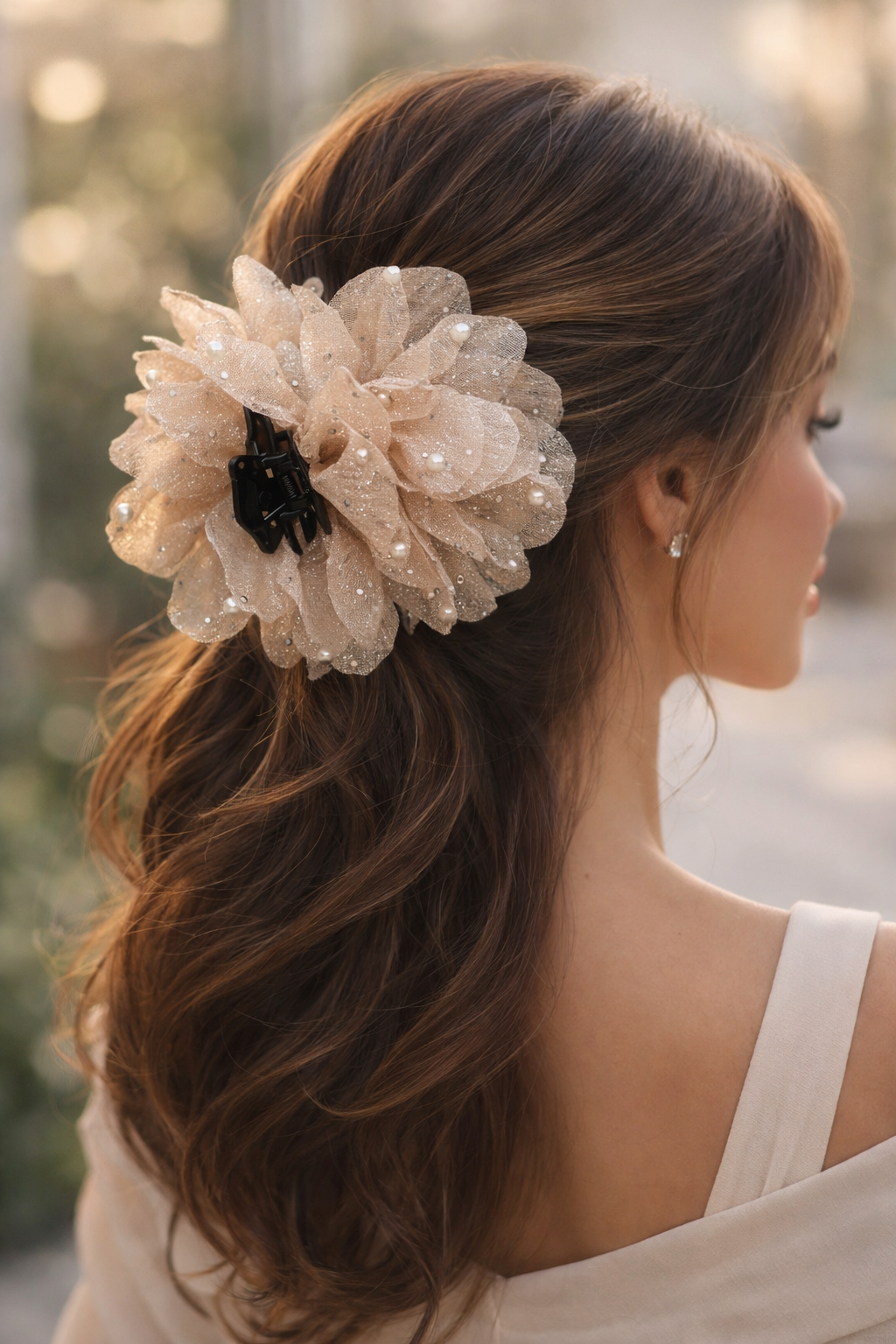 pearl flower hair clip for women model view