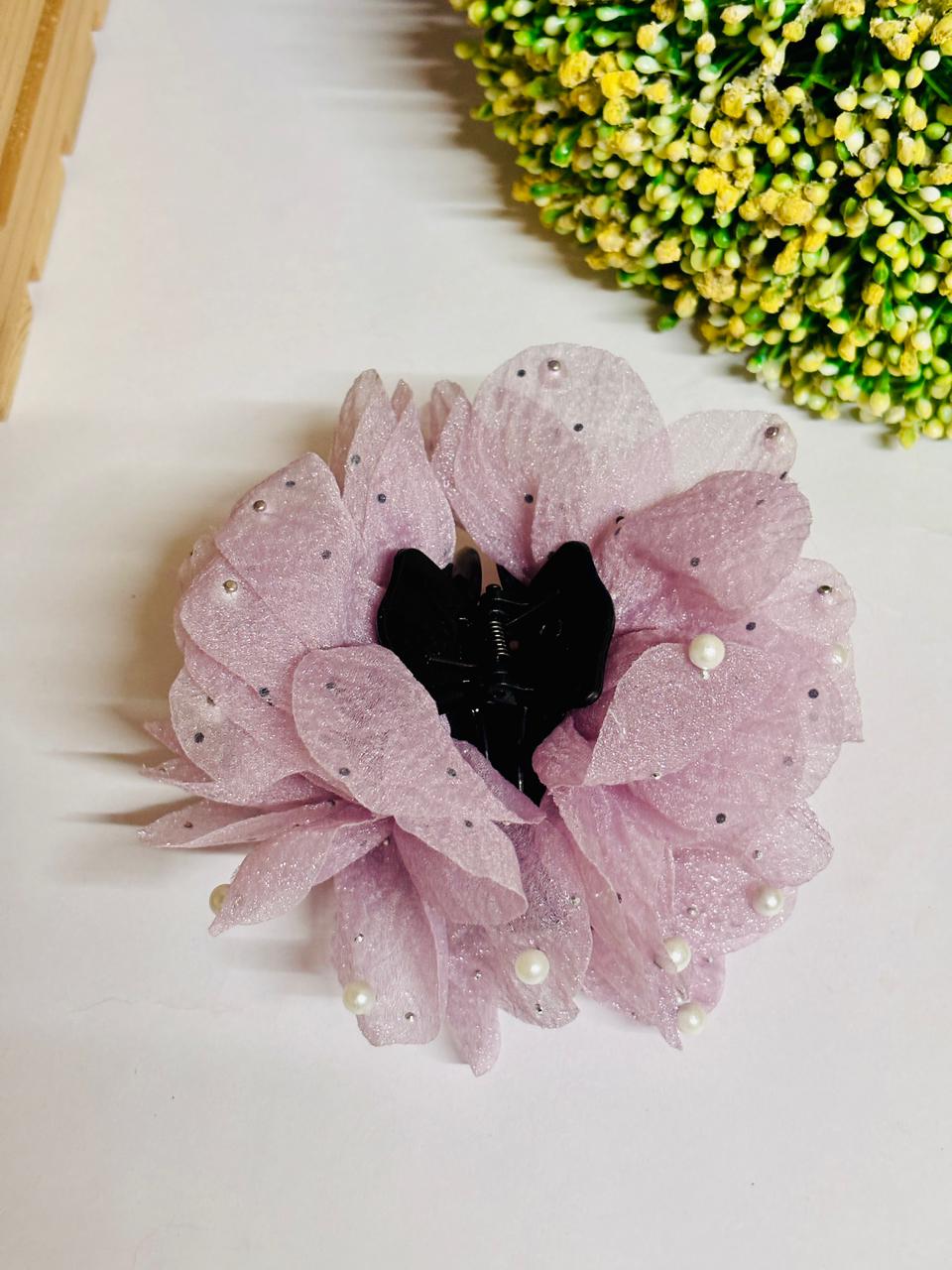 pearl flower hair clip for women pink organza floral hair accessory