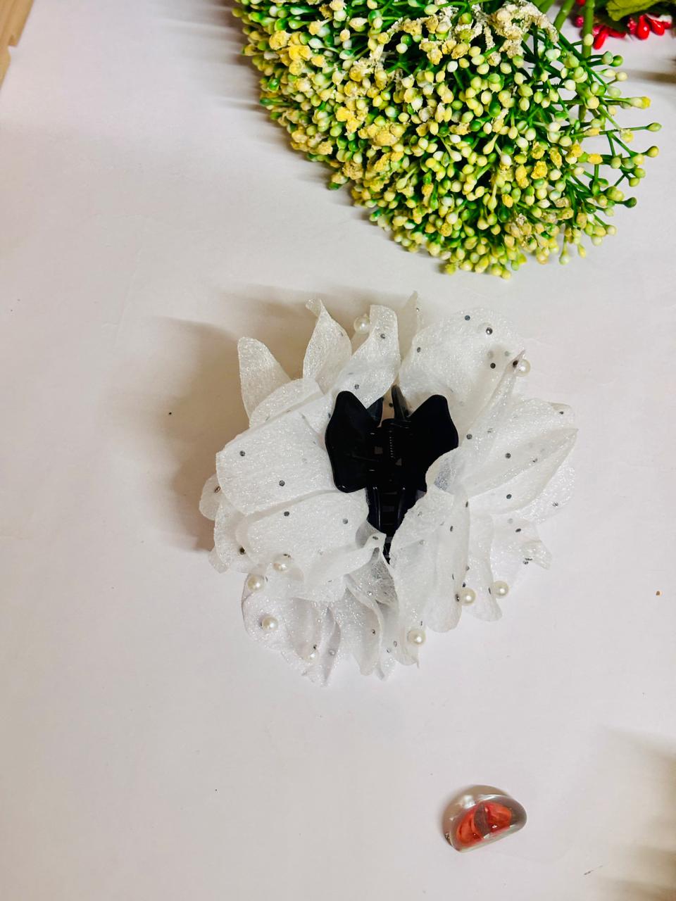 pearl flower hair clip for women white organza floral hair accessory